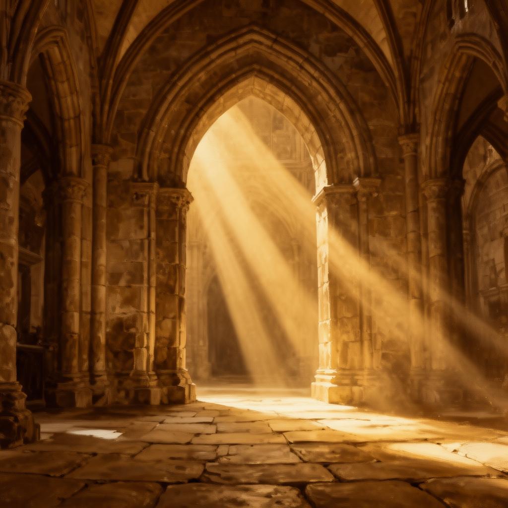 Light streaming through a stone archway